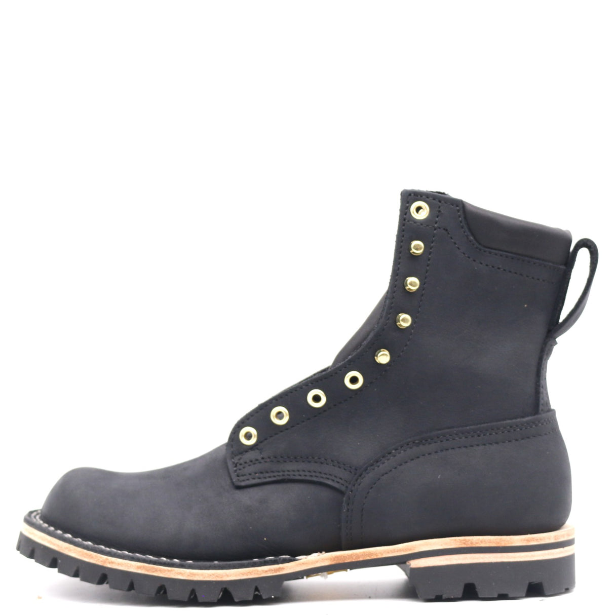 A black suede lace-up ankle boot with gold-tone metal eyelets and studs, a pull tab at the heel, and a rugged black lug sole with a light tan midsole stripe, shown against a plain white background.