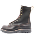A dark brown leather lace-up boot with gold-tone metal eyelets and a thick black lug sole, shown from a side profile on a white background.