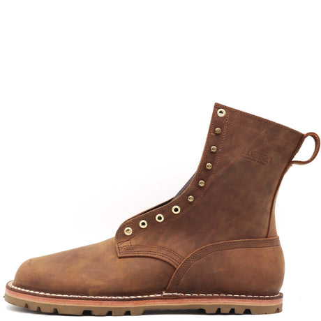 A brown distressed leather lace-up boot with brass eyelets and a pull loop, shown from a side profile on a white background.