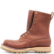 A brown leather lace-up work boot with brass eyelets, a pull tab, and a thick beige lug sole, shown from a side profile on a white background.