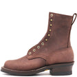 A brown leather lace-up ankle boot with brass eyelets and studs, featuring a low stacked heel and a pull tab, shown against a plain white background.