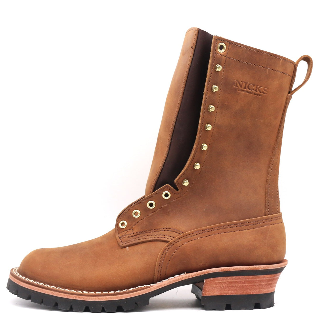 Brown ten inch boot with brass hardware and a lug outsole over a white background.