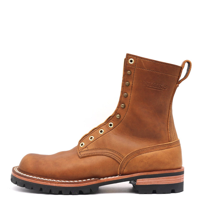 A single brown leather lace-up boot with brass eyelets, white contrast stitching, and a black lug sole, shown from a side profile on a white background.