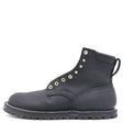A black leather ankle boot with gold-tone metal eyelets and a pull tab, shown from a side profile view on a white background.