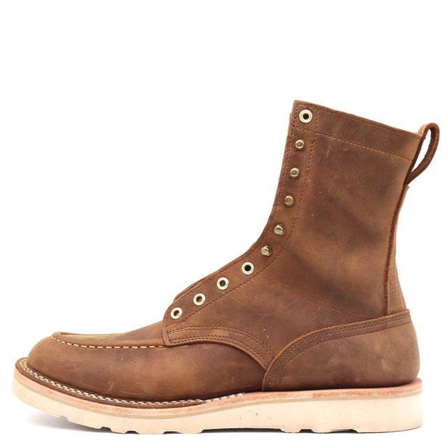 Brown eight inch boot with brass hardware, a moccasin toe, and a white wedge outsole against a white background.