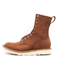 Brown eight inch tall boot with a moccasin toe and a white wedge outsole.