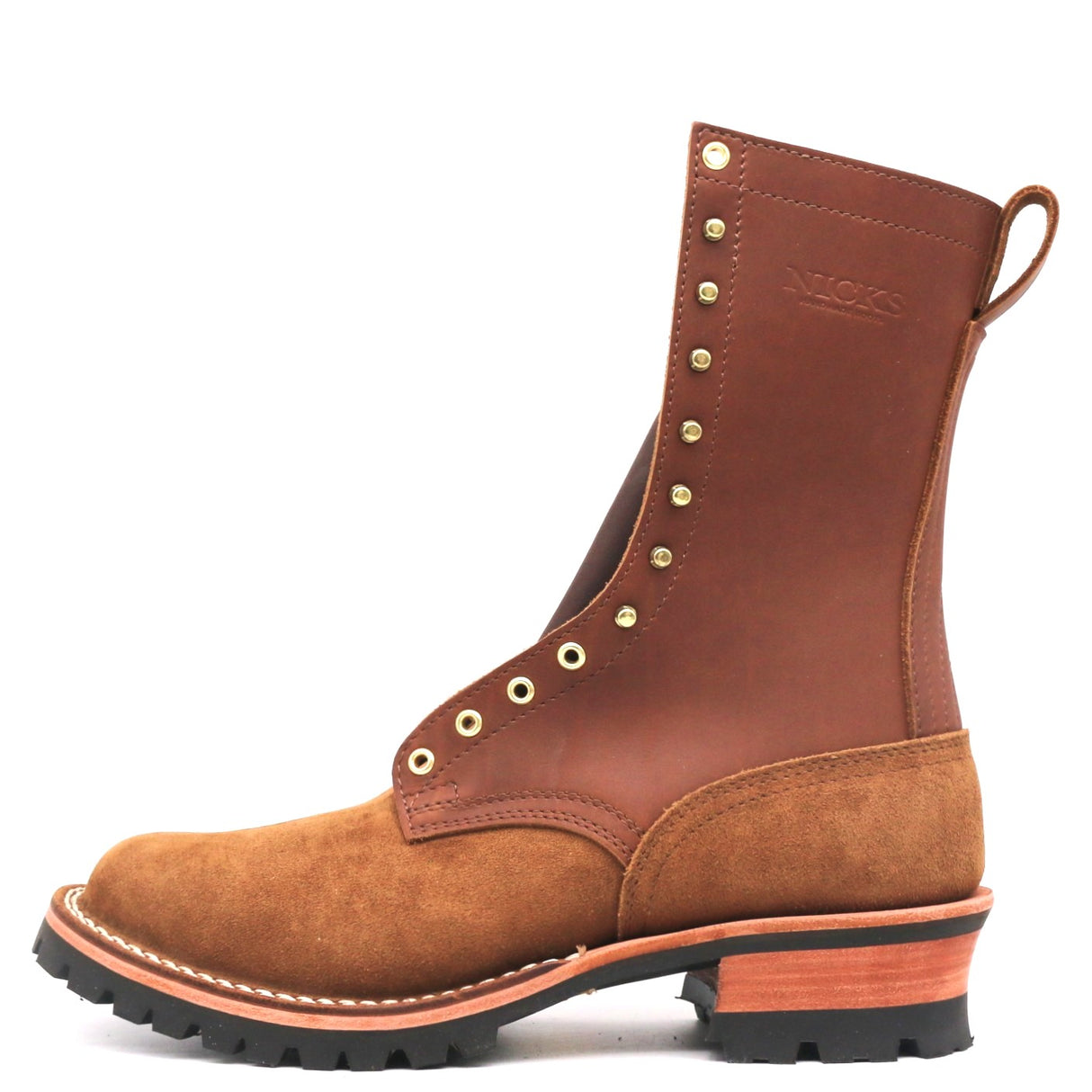 Brown smooth upper, suede lower, ten inch boot with brass hardware and a v-100 lug outsole.