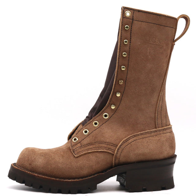 A brown suede lace-up boot with gold-tone eyelets, a dark brown pull tab, and a chunky dark sole, shown from a side profile on a white background.