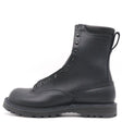 A single black leather lace-up work boot with metal eyelets, a pull tab, and a rugged sole, shown from a side profile on a white background.