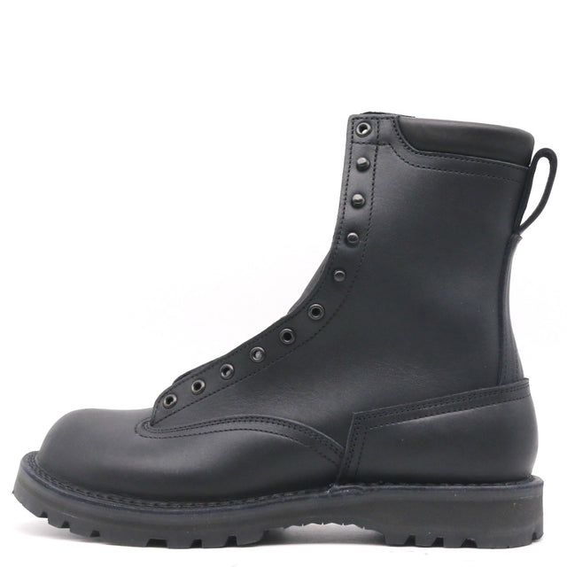 A single black leather lace-up work boot with metal eyelets, a pull tab, and a rugged sole, shown from a side profile on a white background.