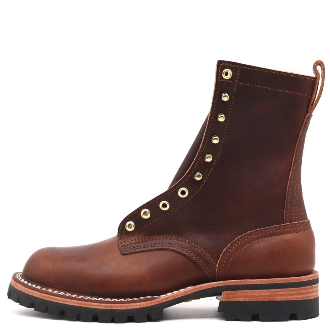 A brown leather lace-up ankle boot with brass eyelets, a pull tab, and a black lug sole, shown from a side profile on a white background.
