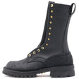 A black mid-calf lace-up boot with gold-tone metal eyelets and studs, featuring a thick black lug sole and a pull tab at the heel, shown against a plain white background.