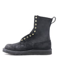 A black suede lace-up ankle boot with gold-tone metal eyelets and stitching, shown from a side profile on a white background.