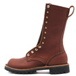 A brown leather lace-up work boot with gold-tone metal eyelets and studs, a pull loop, and a thick black lug sole, shown from a side profile on a white background.