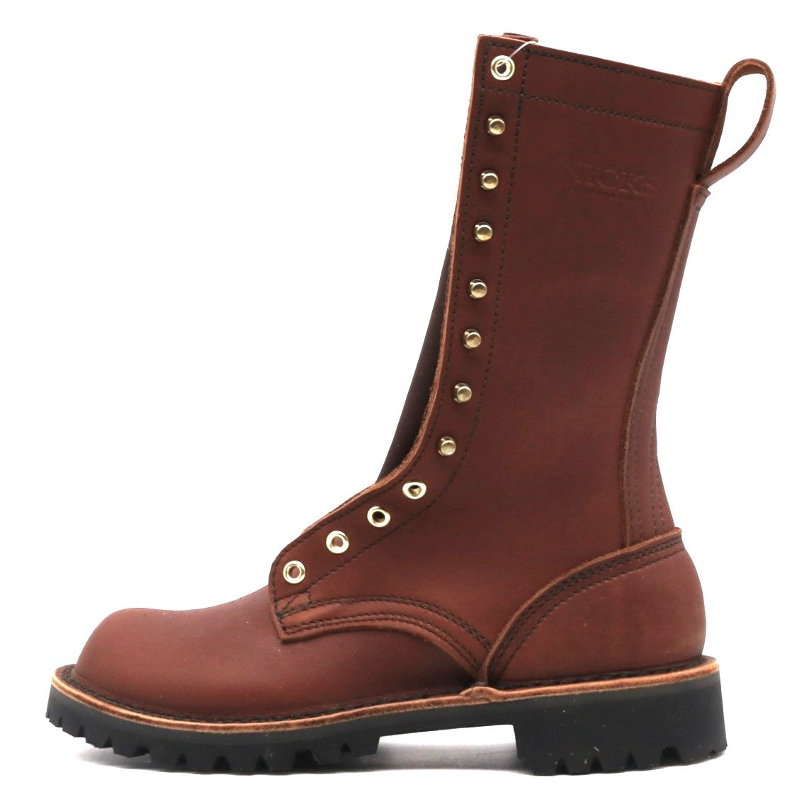 A brown leather lace-up work boot with gold-tone metal eyelets and studs, a pull loop, and a thick black lug sole, shown from a side profile on a white background.