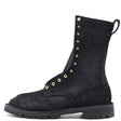 A black suede lace-up ankle boot with gold-tone metal eyelets and pull tabs, shown from a side profile on a white background.