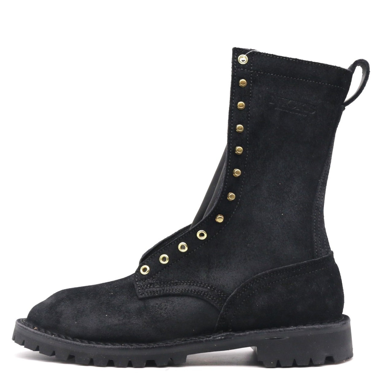 A black suede lace-up ankle boot with gold-tone metal eyelets and pull tabs, shown from a side profile on a white background.