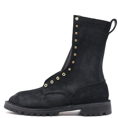 A black suede lace-up ankle boot with gold-tone metal eyelets and pull tabs, shown from a side profile on a white background.