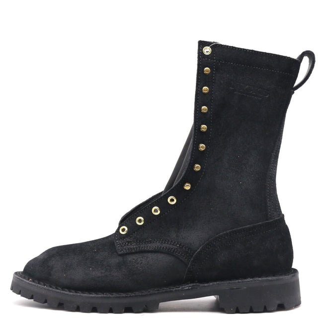 A black suede lace-up ankle boot with gold-tone metal eyelets and pull tabs, shown from a side profile on a white background.