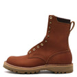 A brown leather lace-up ankle boot with brass eyelets, a pull tab, and a rugged tan sole, shown from a side profile on a white background.