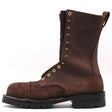 A dark brown leather lace-up work boot with brass eyelets, a thick black lug sole, and a pull tab on the heel, shown against a plain white background.