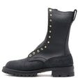 A black leather and suede lace-up boot with gold-tone metal eyelets and studs, featuring the embossed brand name 'NICKS' on the side, shown against a plain white background.