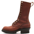 Brown ten inch boot with brass hardware and a red-x outsole.