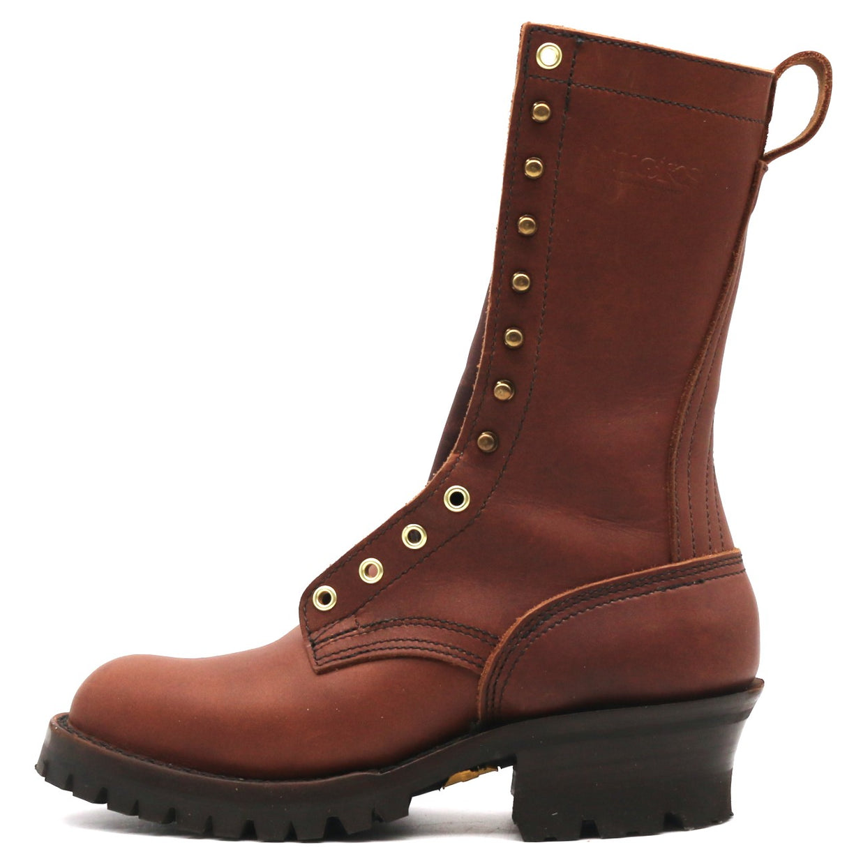Brown ten inch boot with brass hardware and a red-x outsole.