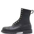 A black leather lace-up ankle boot with gold-tone metal eyelets and studs, a pull tab, and a rugged sole, shown from a side profile on a white background.
