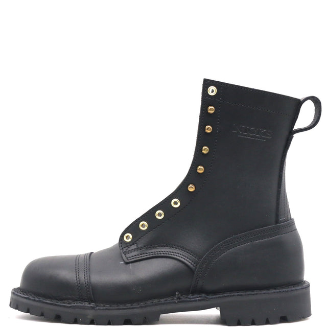 A black leather lace-up ankle boot with gold-tone metal eyelets and studs, a pull tab, and a rugged sole, shown from a side profile on a white background.