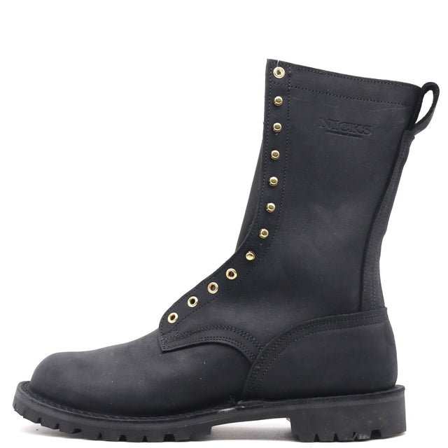 A black leather mid-calf work boot with gold-tone metal eyelets and studs, featuring a pull tab on the heel and a rugged sole, shown against a plain white background.