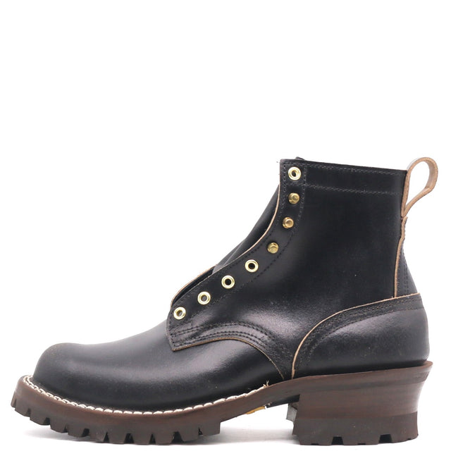 A black leather lace-up ankle boot with gold-tone eyelets, a brown lug sole, and a pull tab on the heel, shown from a side profile against a white background.