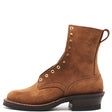 A brown suede ankle boot with gold-tone metal eyelets and studs, a pull tab, and a dark stacked heel, shown from a side profile on a white background.