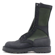 A dark gray and olive green leather lace-up boot with a rugged sole, shown from a side profile on a white background.