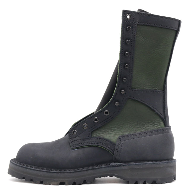 A dark gray and olive green leather lace-up boot with a rugged sole, shown from a side profile on a white background.