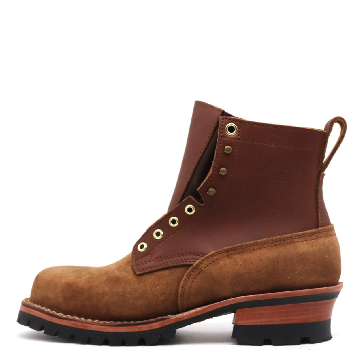 A brown leather lace-up work boot with a tan suede toe and heel, set against a plain white background.