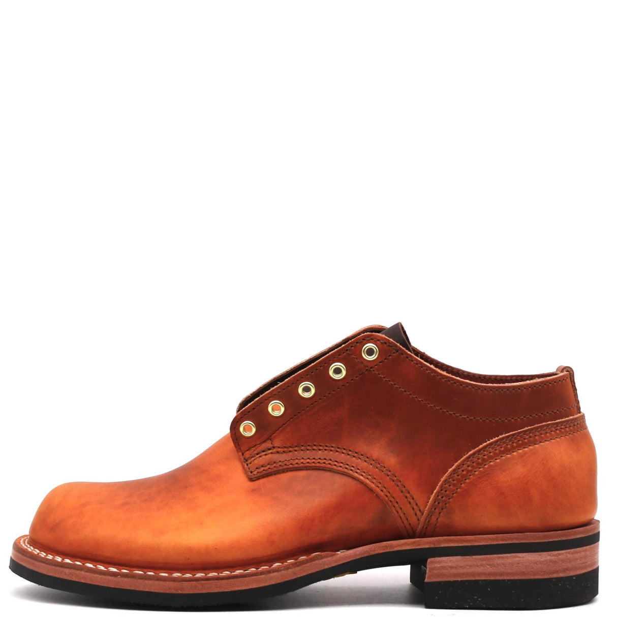 A single men's leather lace-up boot in a warm cognac brown, shown from a side profile against a plain white background.