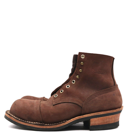 A brown suede lace-up ankle boot with a rounded toe, brass eyelets, and a stacked wooden heel, shown from a side profile on a white background.