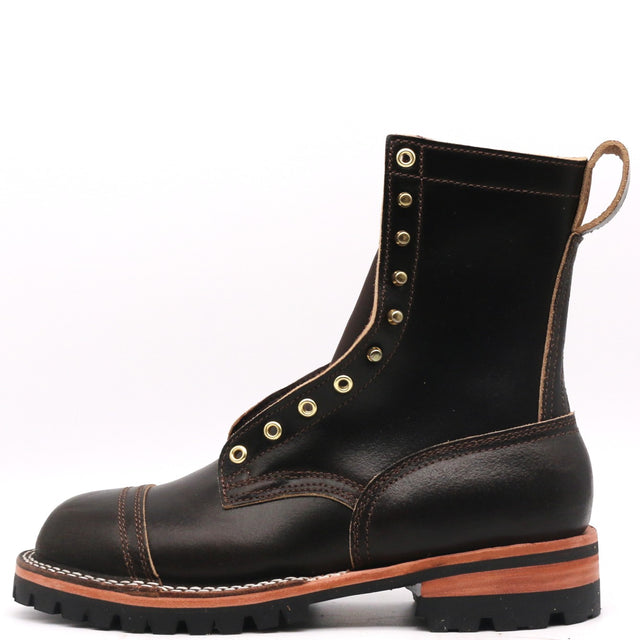 A single dark brown leather lace-up boot with brass eyelets, contrast stitching, and a rugged lug sole, shown from a side profile on a white background.