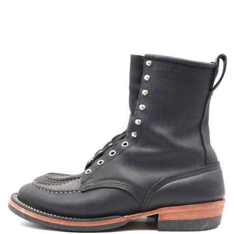 A black leather lace-up ankle boot with silver metal eyelets and pull tabs, shown from a side profile on a white background.