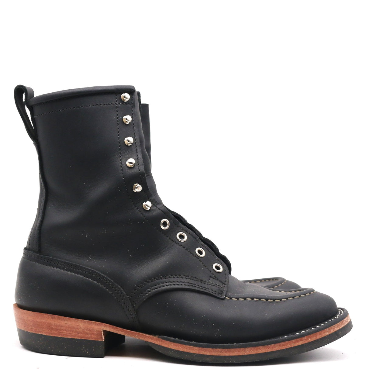 A black leather lace-up ankle boot with silver metal eyelets and studs, a pull tab, and a stacked brown and black sole, shown against a plain white background.