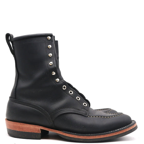 A black leather lace-up ankle boot with silver metal eyelets and studs, a pull tab, and a stacked brown and black sole, shown against a plain white background.