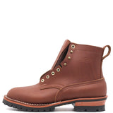 A brown leather lace-up ankle boot with brass eyelets, a pull tab, and a black lug sole, shown from the side on a white background.