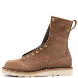 A brown suede lace-up ankle boot with brass eyelets and a thick off-white sole, shown from a side profile on a white background.