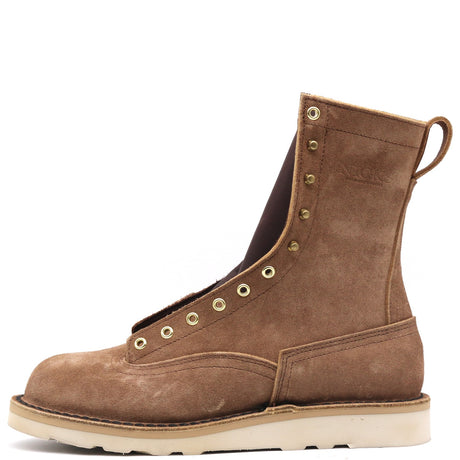 A brown suede lace-up ankle boot with brass eyelets and a thick off-white sole, shown from a side profile on a white background.