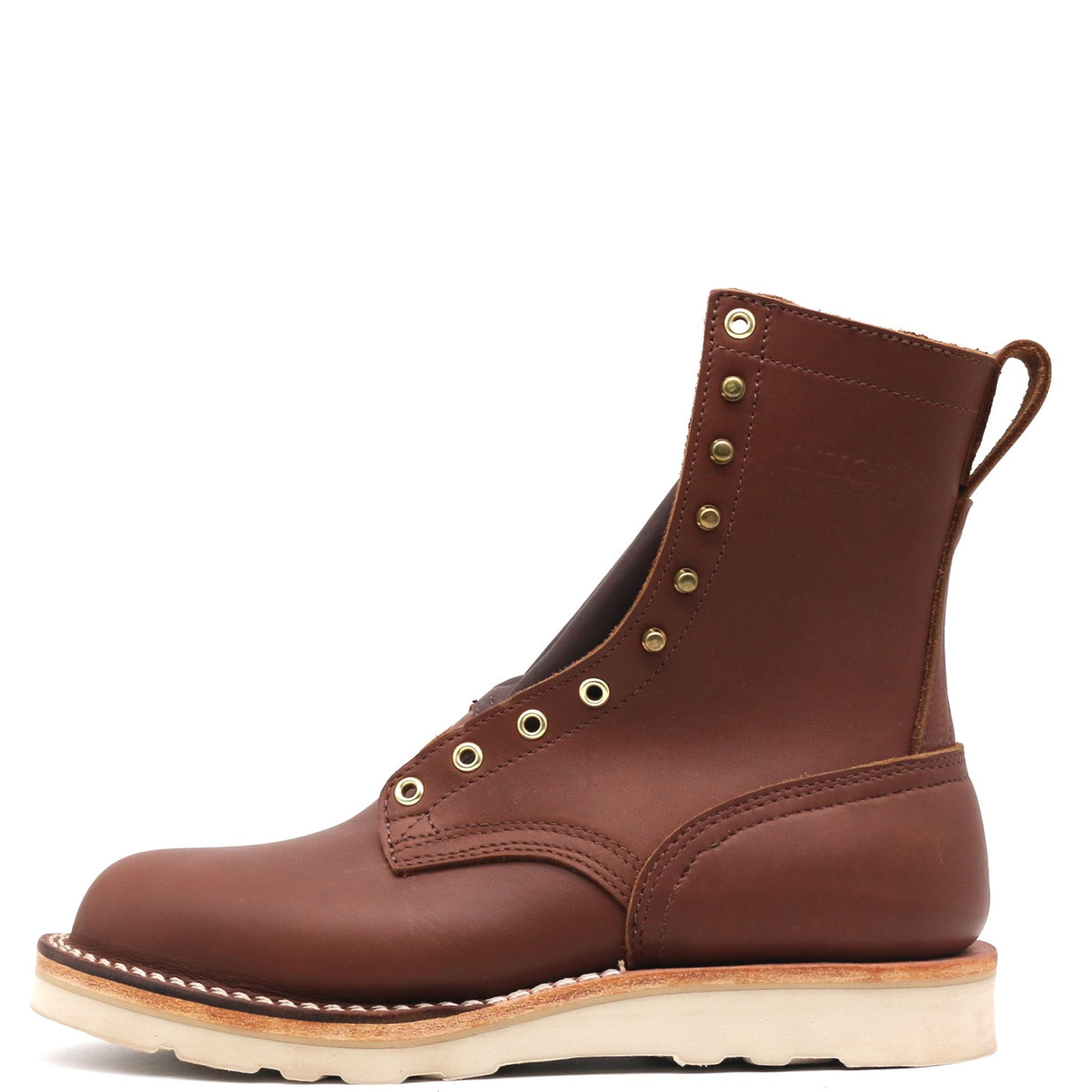 A single brown leather lace-up boot with brass eyelets and a thick off-white sole, shown from a side profile on a white background.