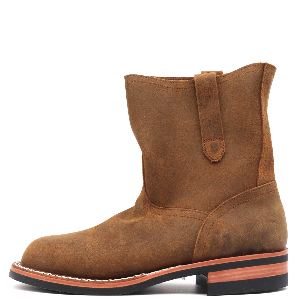 Brown suede pull-on boot with side pull loops in front of a white background.