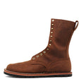 A brown leather lace-up boot with brass eyelets and studs, shown in a side profile on a white background.
