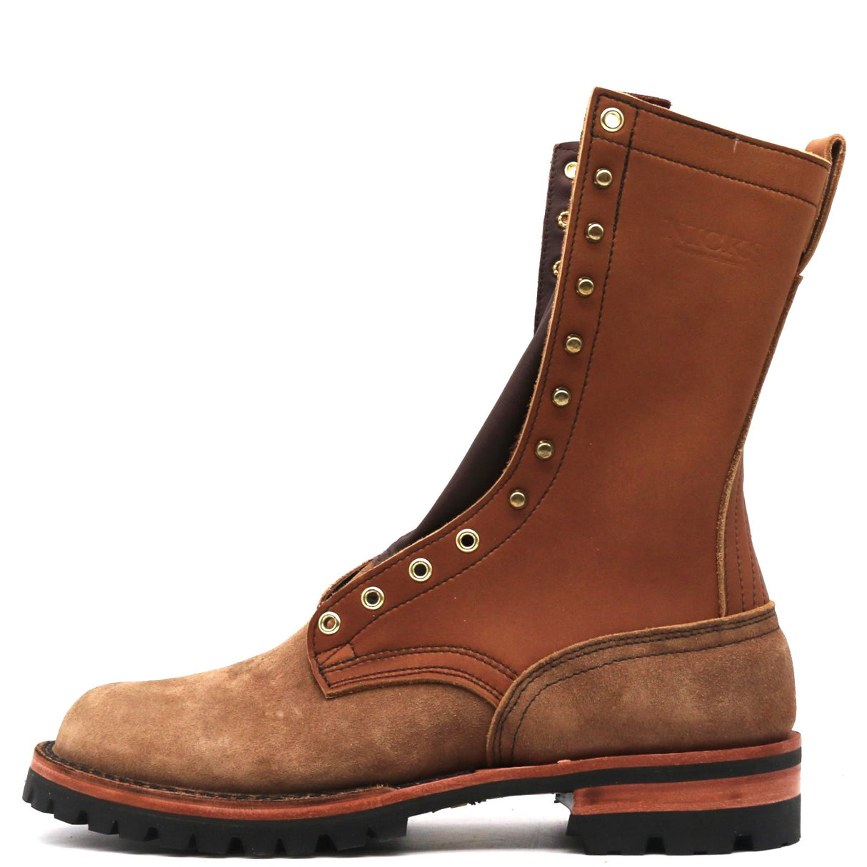 A brown leather lace-up boot with a rugged sole, featuring brass eyelets and studs, shown in a side profile on a white background.