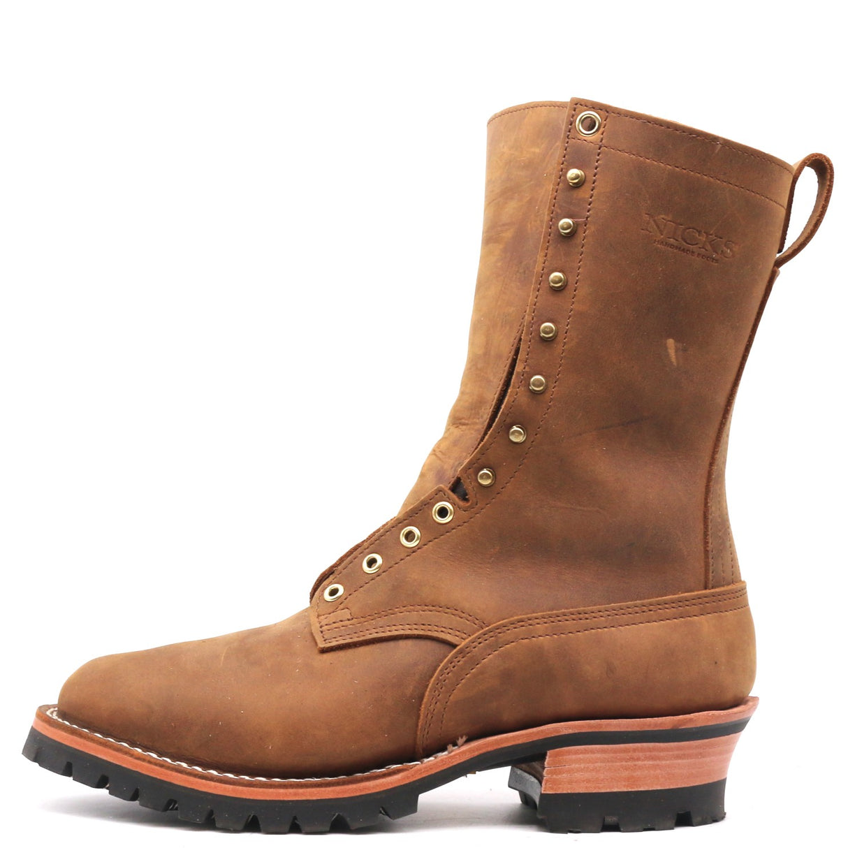 A brown leather lace-up work boot with brass eyelets, decorative studs, and a rugged black sole, shown from a side profile on a white background.
